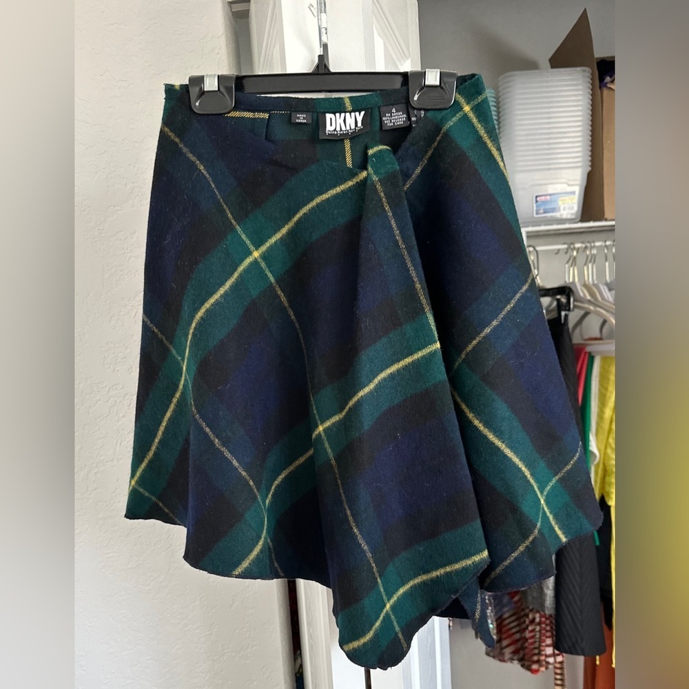 90s Donna Karan Lambswool Plaid Wrap Around Asymmetrical